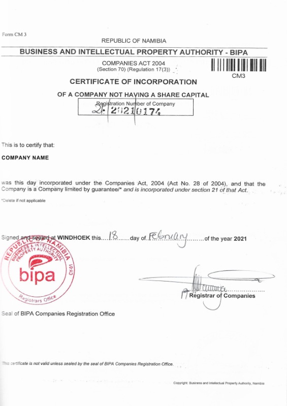 Namibia Certificate of Corporation